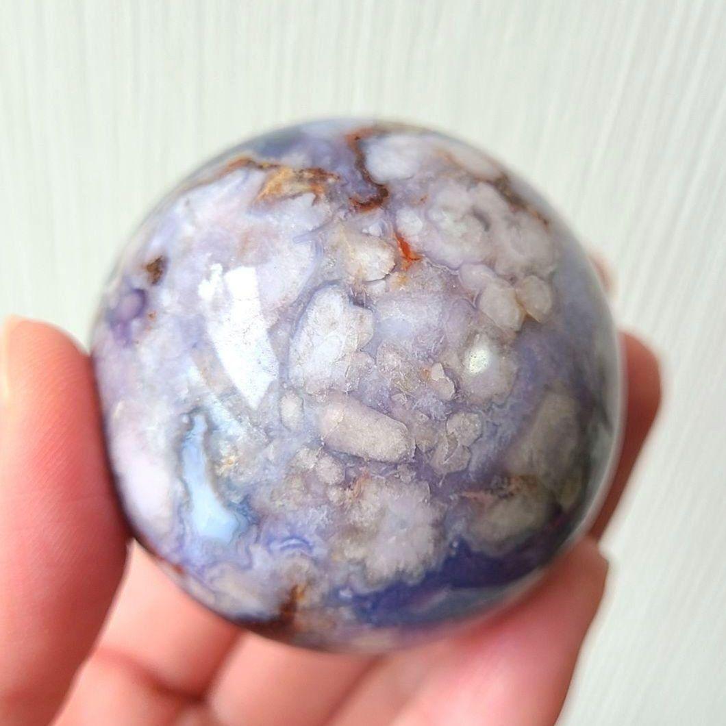 ブルー桜瑪瑙　スフィア　天然石置物　フラワーアゲート　原石　丸玉　ディスプレイ