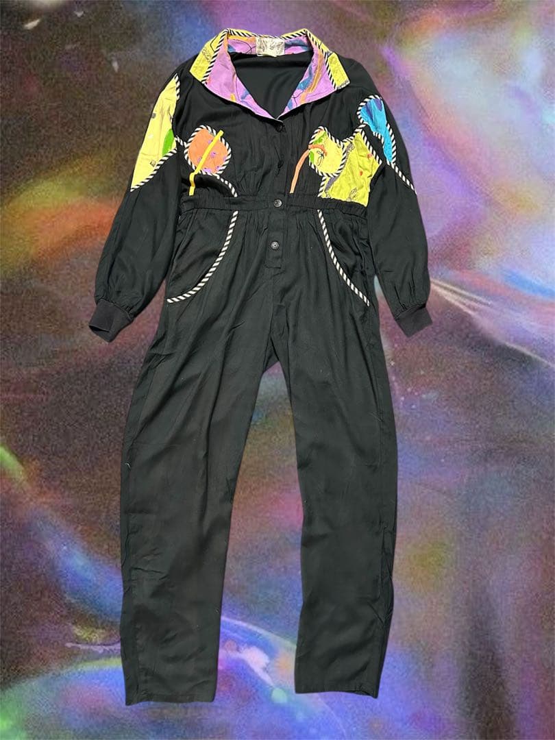 80s★ヴィンテージ★ジャンプスーツ★パッチワーク 黒 つなぎ 紙タグ