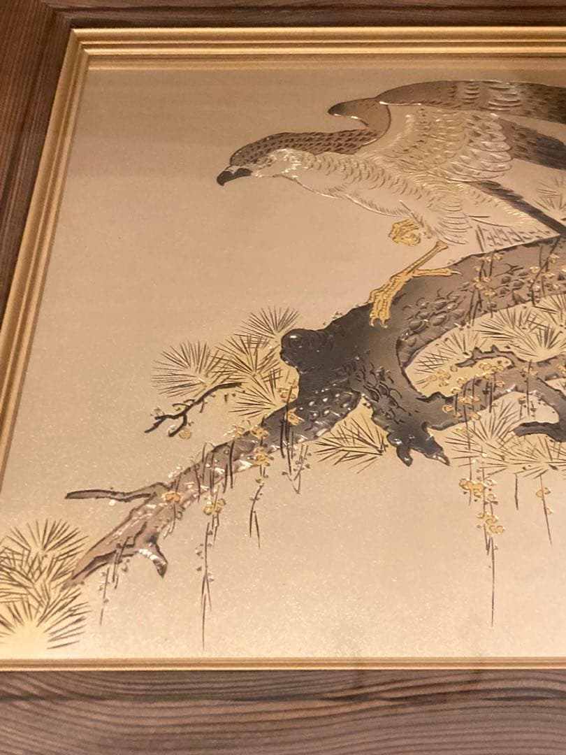 堀口光彦 彫金額 松樹鷹図 金工作品 額装