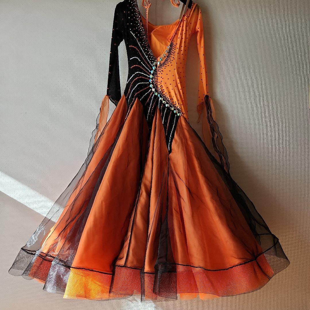 社交ダンス　スタンダード　オレンジ×黒　ファスナー交換済　4枚ボリュームSK　M