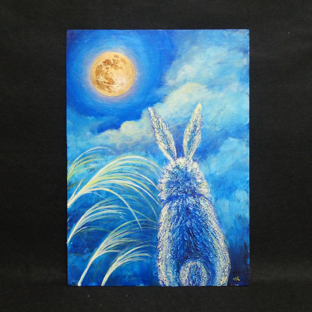 油絵 油彩 油彩画 絵 絵画【お月見うさぎ】
