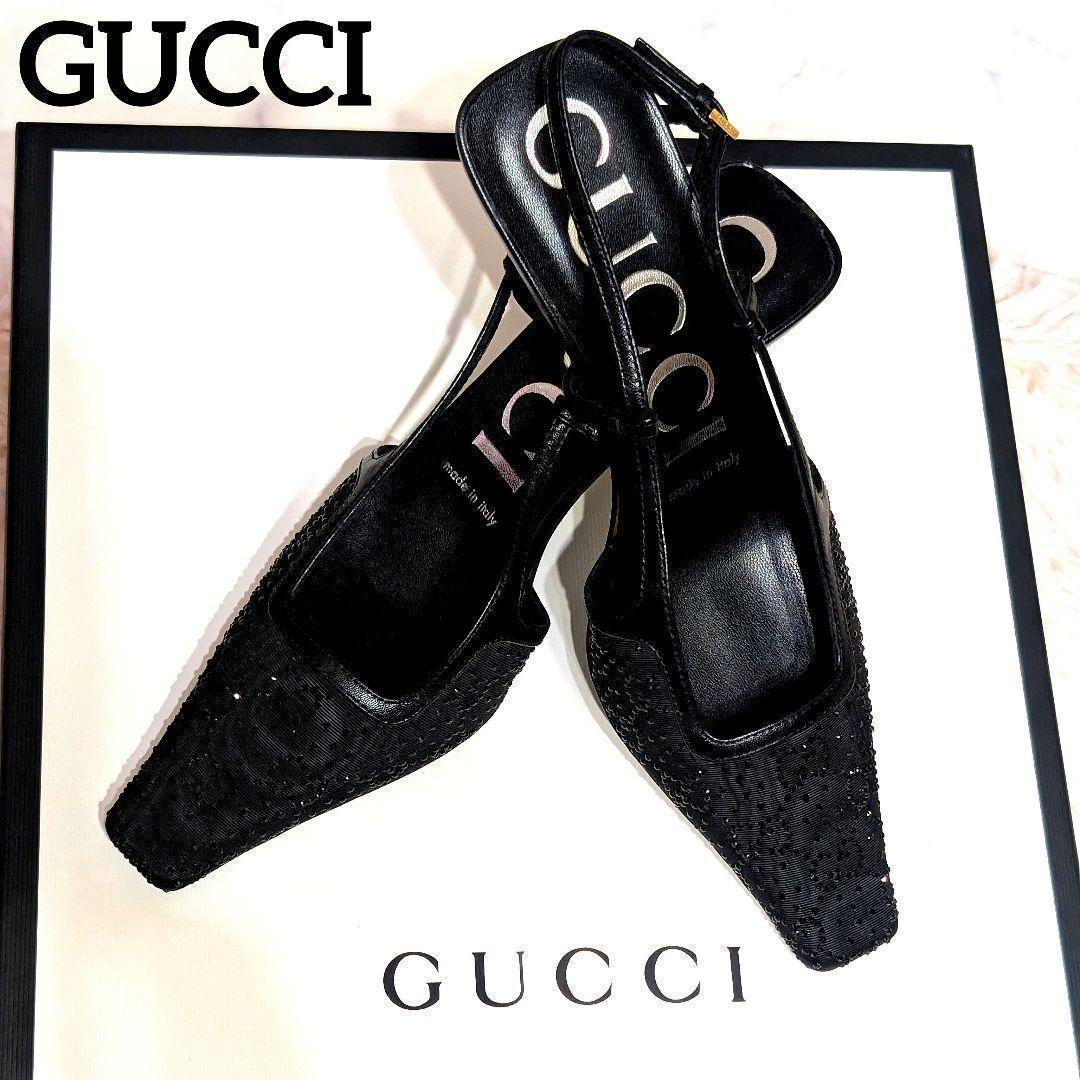 定価13万80%オフ☆GUCCI スリングバックパンプス GGラインストーン