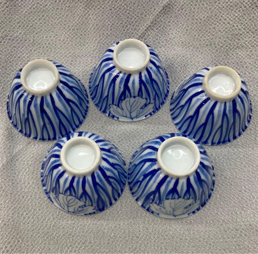 B151s  染付一葉煎茶碗　5個　茶道具　瀬戸　骨董　ぐい呑　盃
