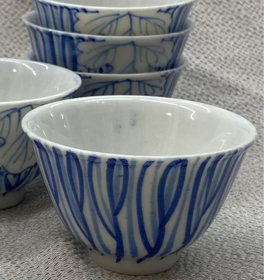 B151s  染付一葉煎茶碗　5個　茶道具　瀬戸　骨董　ぐい呑　盃