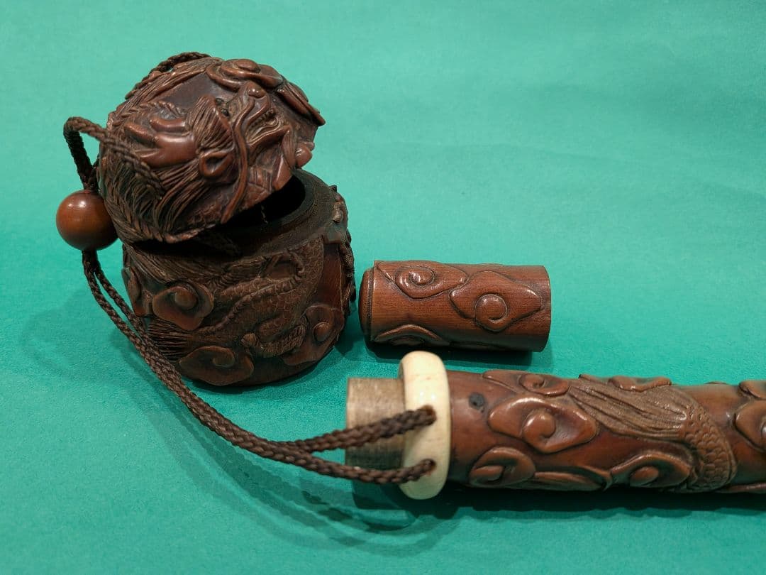 双龍彫刻 柘植製矢立、墨入れセットA3、日本製携帯用墨壺と筆入れセット、希少品、