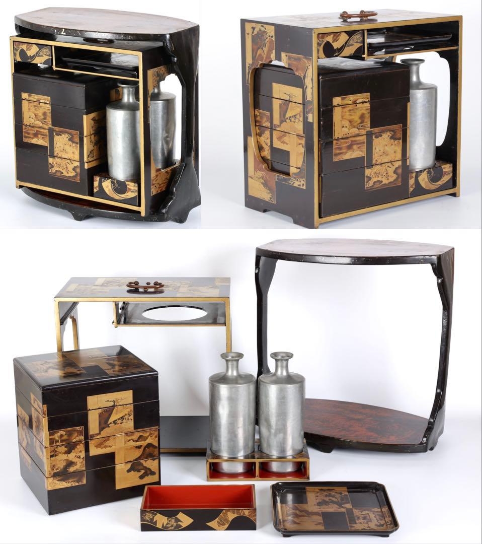 漆塗金蒔絵 野弁当 野点 花見重 重箱 錫製徳利 台付 骨董 古美術漆器　漆