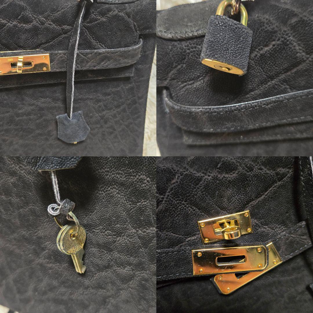 希少 エレファント レザー ブラック グレー 象 ハンドバッグ カデナ　ゴールド