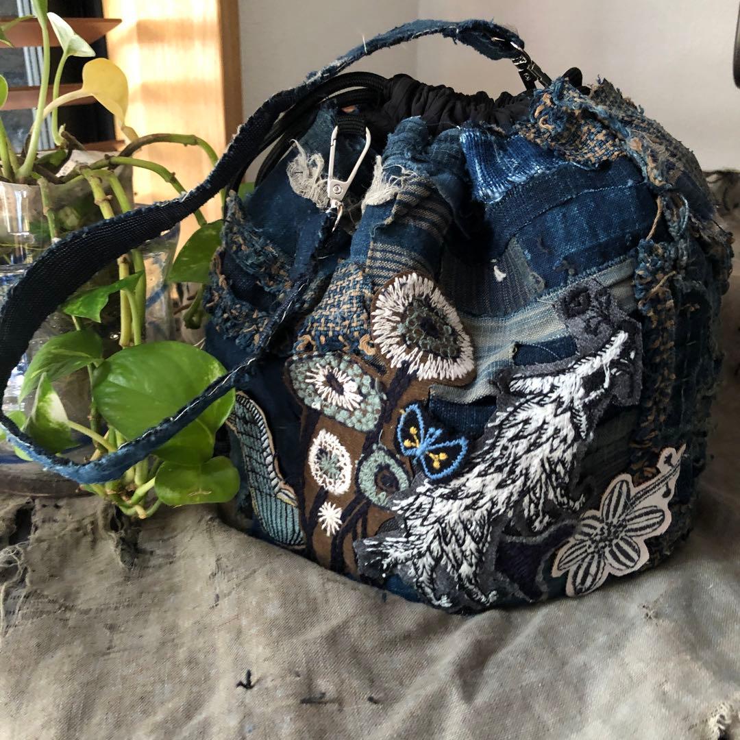 作って見ませんか稀に見る襤褸とミナで巾着袋/ミナペルホネン/藍染