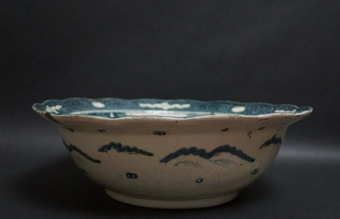 江戸期 古伊万里肥前染付『雲間龍之絵』深鉢 飾り鉢 径34.5cm共箱★希少品★