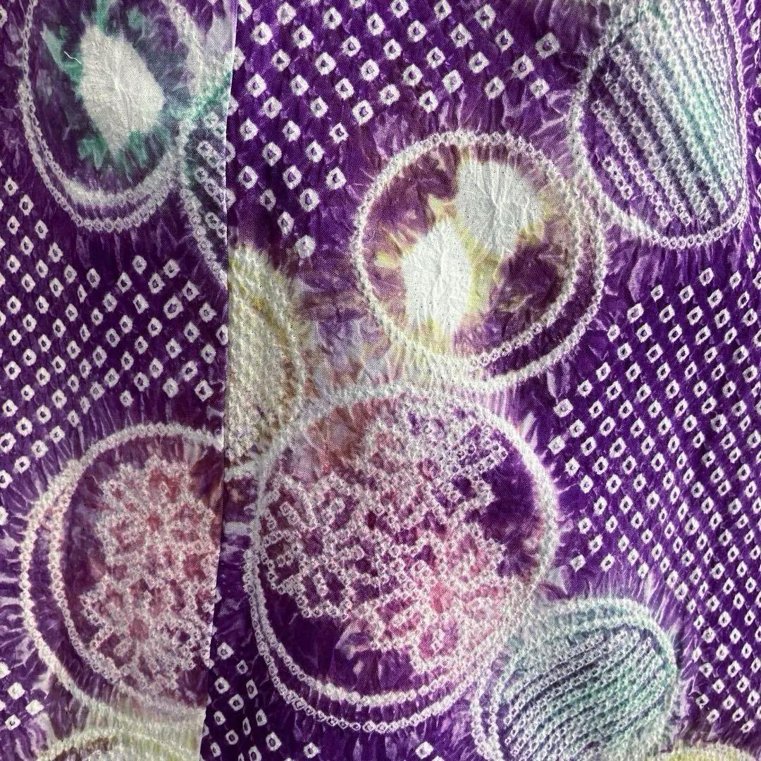 有松絞り・有松鳴海　絞り浴衣　グレープ色　丸模様　身丈155cm N7-9