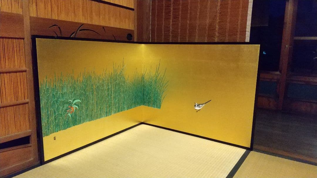 風炉先屏風 ！木賊に鶺鴒 裏は墨絵 竹に雀 リバーシブル 表裏使えます！