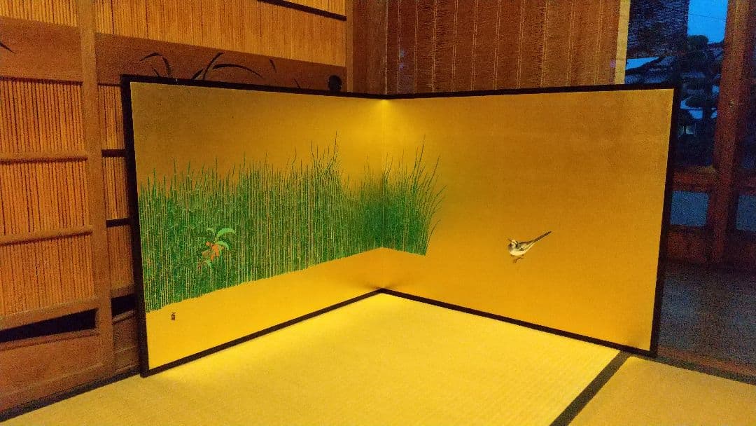 風炉先屏風 ！木賊に鶺鴒 裏は墨絵 竹に雀 リバーシブル 表裏使えます！