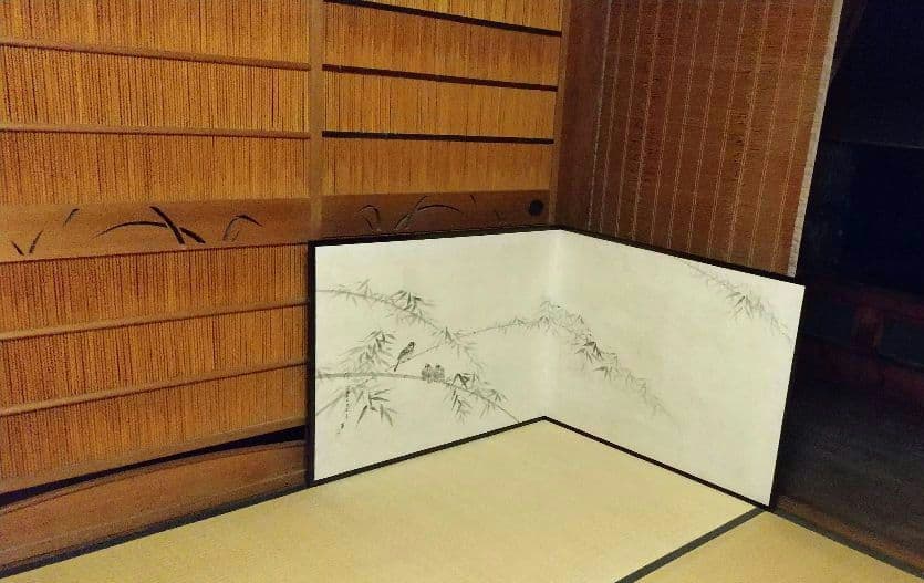 風炉先屏風 ！木賊に鶺鴒 裏は墨絵 竹に雀 リバーシブル 表裏使えます！