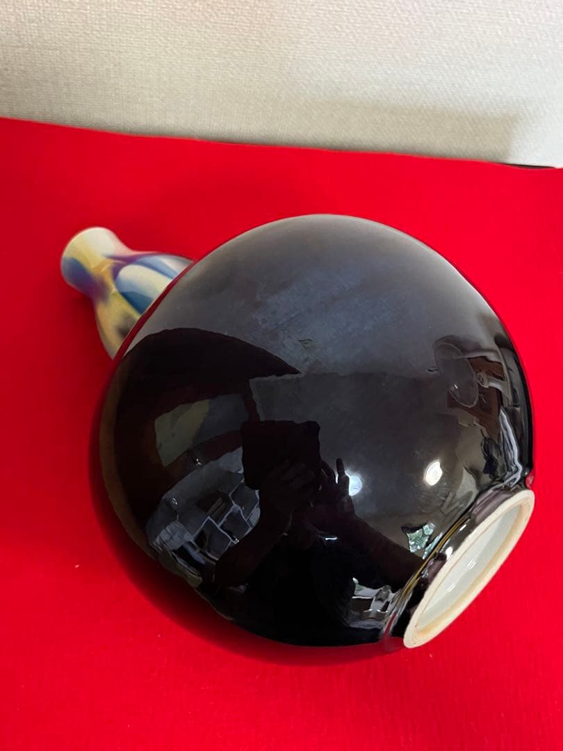 【特大】 人間国宝 三代 徳田八十吉  (正彦銘) 彩釉 瓢型 花入 T198