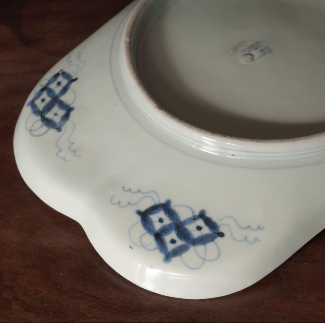 送料無料　江戸時代　後期　古伊万里　染付　山水図　軍配形　大皿　飾皿　希少作品