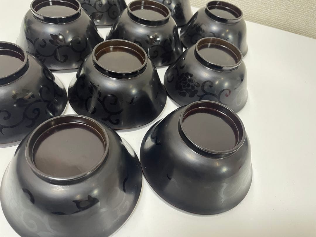 黒漆器 黒漆 内黒塗 漆器 吸物 懐石椀 煮物椀 10客 唐草柄 アンティーク