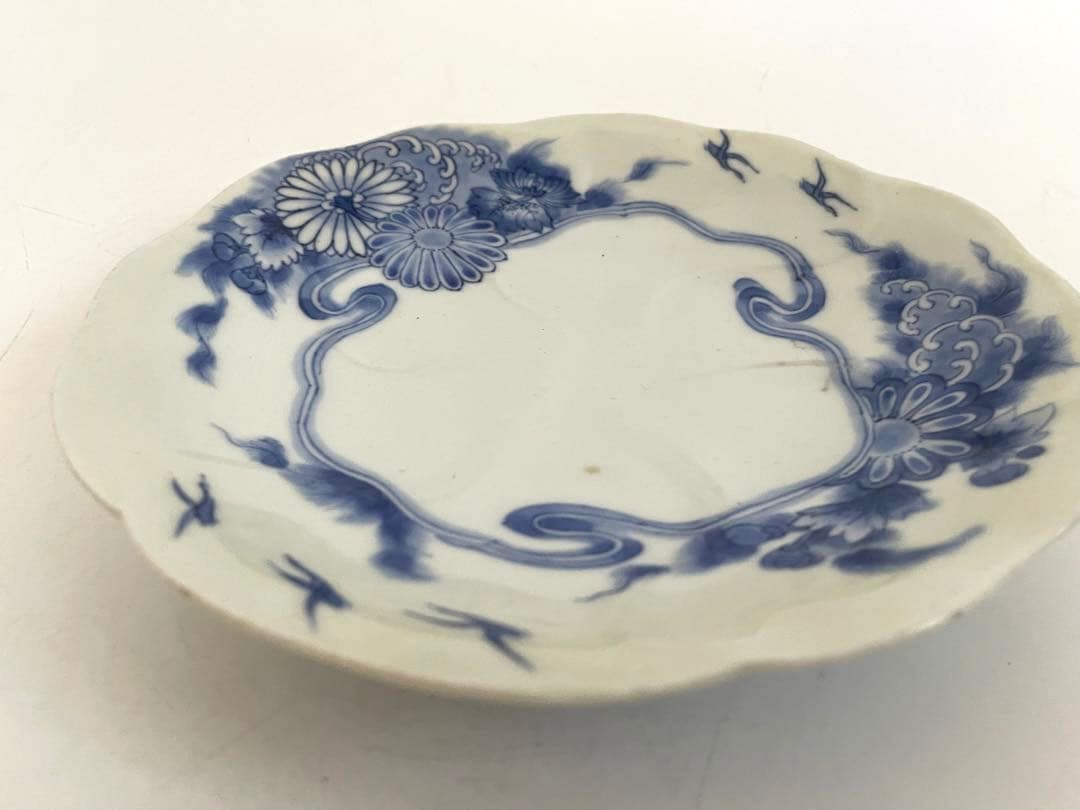 #1骨董　アンティーク　藍柿右衛門　染付　菊雲鶴文様　輪花皿　高脚皿　古伊万里
