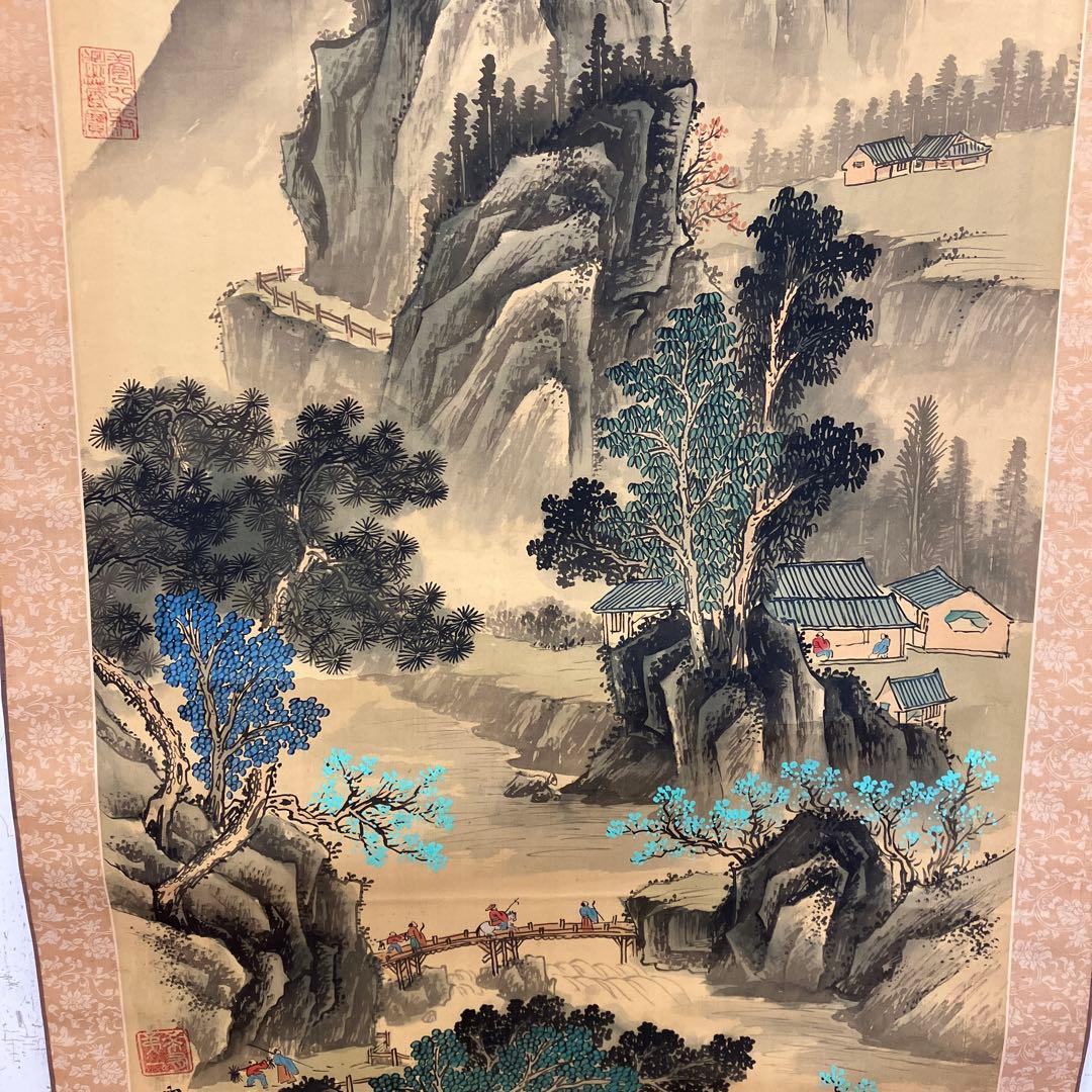 昭和レトロ 中国山水 山水図 彩色山水 春山 水墨画 掛軸 骨董品 絵画 飾り