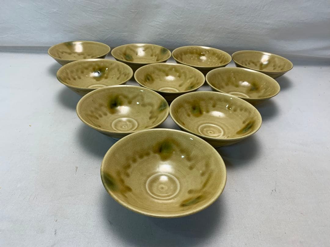 未使用 茶道具 松景作 黄瀬戸 茶碗 十客揃 陶印 箱無