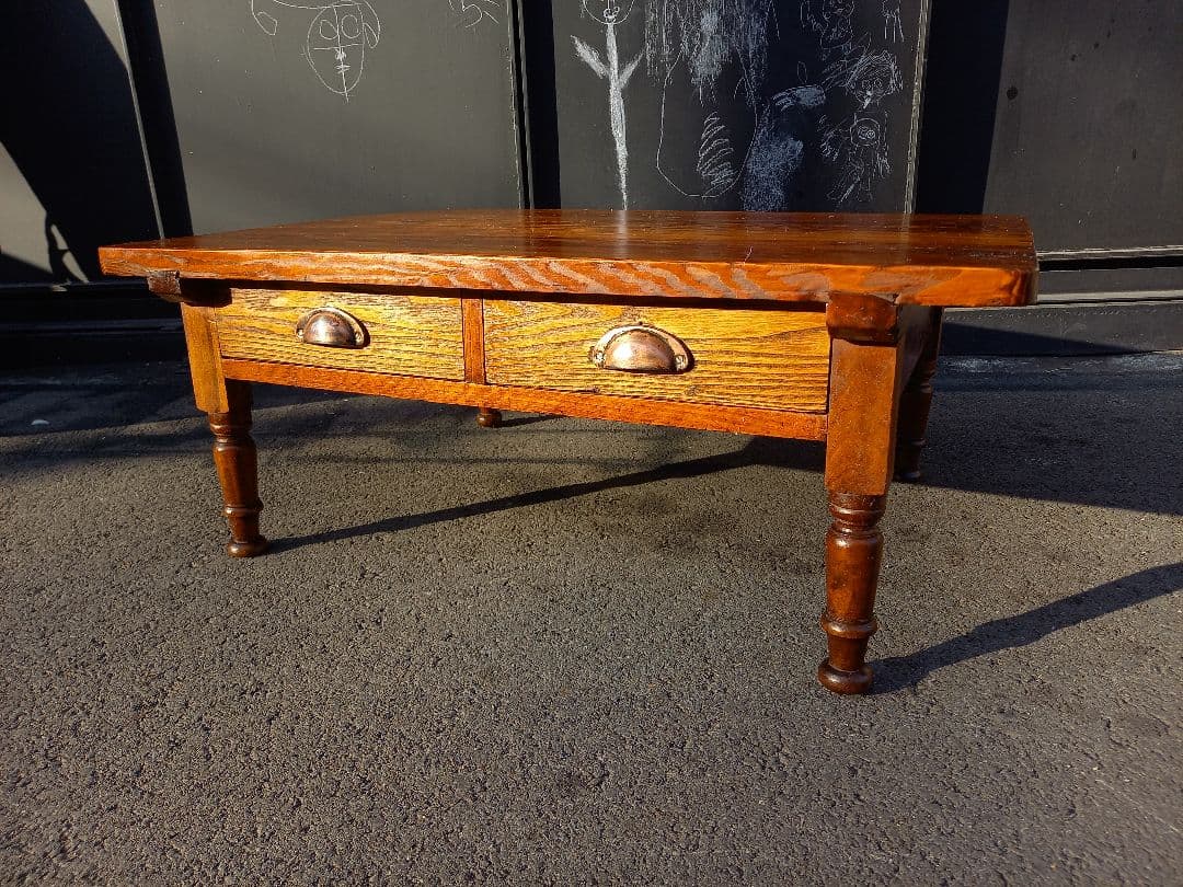ジャパニーズ　ヴィンテージ　一枚板　天板　両側　引き出し　ローテーブル