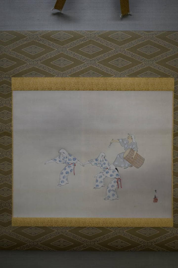 真作/服部有隆/盆踊り図/豊年踊り/桐共箱付/布袋屋掛軸HG-994