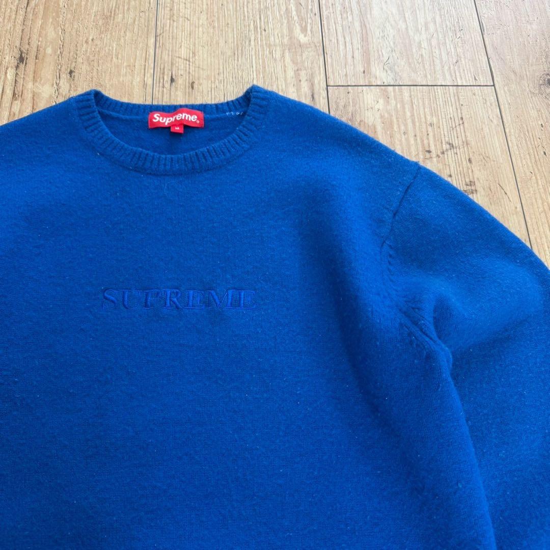 Supreme 刺繍ロゴ　ウール混素材　青　Mサイズ　ニット　セーター