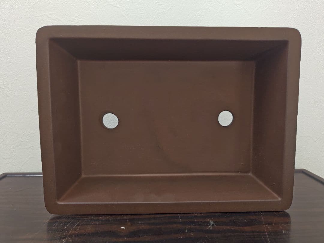 陶器の長方形盆栽鉢 ブラウン 約33cm ×24cm×7.8cm　落款　開洋