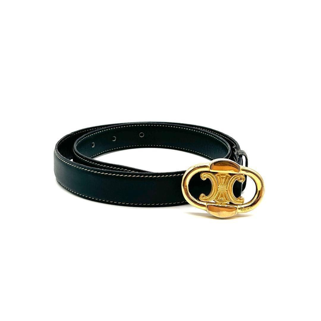 美品　セリーヌ　CELINE　ベルト　レザー　トリンオフ　ゴールドバックル　緑