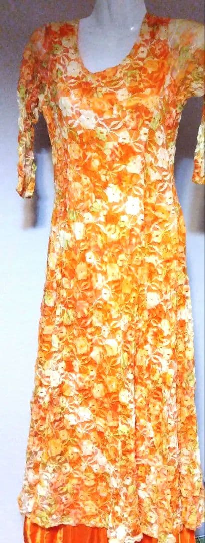 社交ダンスオレンジ系花柄フレアドレス