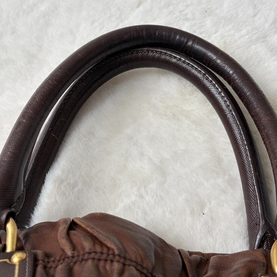 真贋済　PRADA プラダ　ハンドバッグ　羊革　ゴーフル　ブラウン