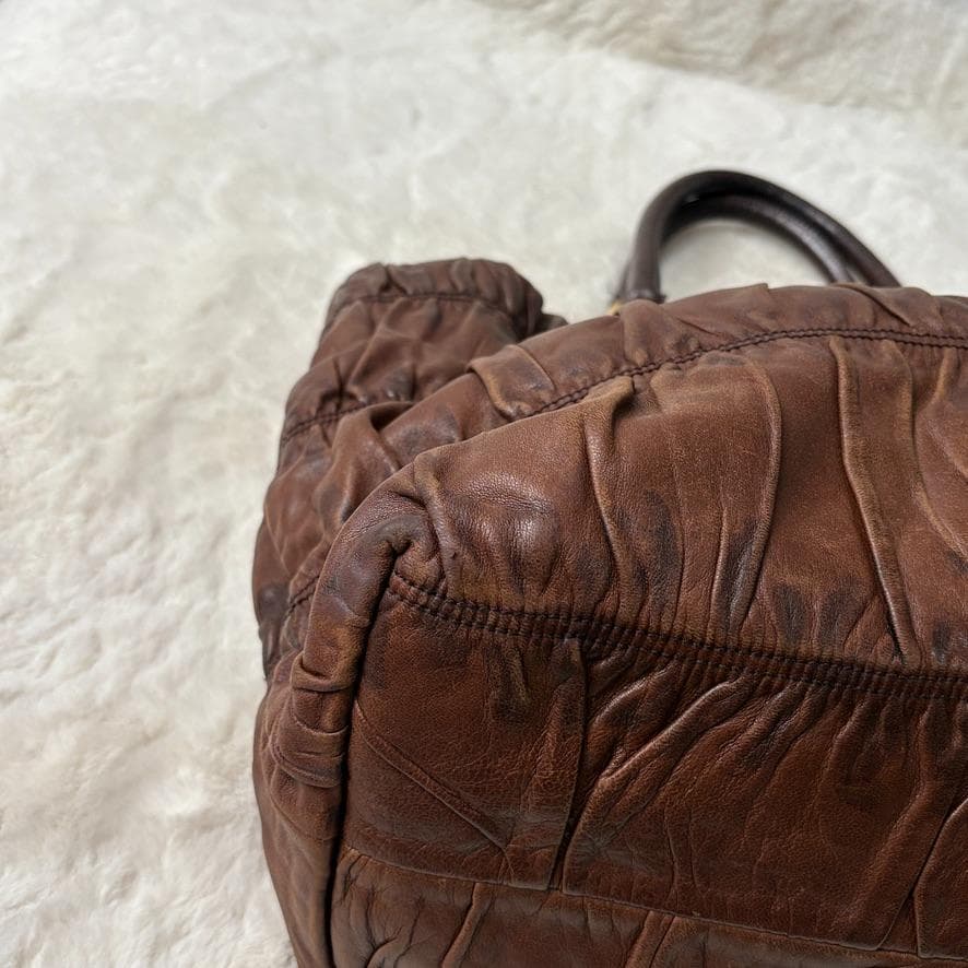 真贋済　PRADA プラダ　ハンドバッグ　羊革　ゴーフル　ブラウン