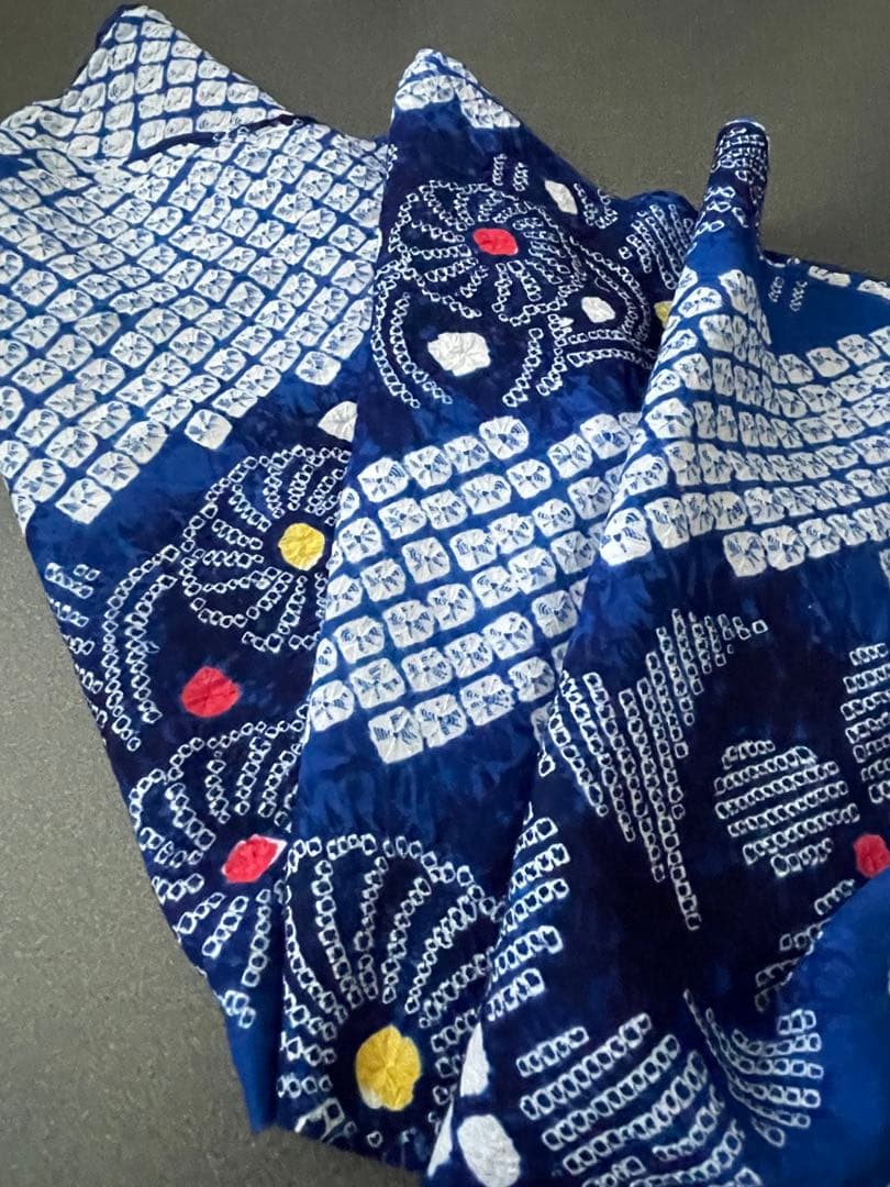 着物　浴衣　絞り生地　一反　ブルー系　ワンピース　トップス　ハンドメイド