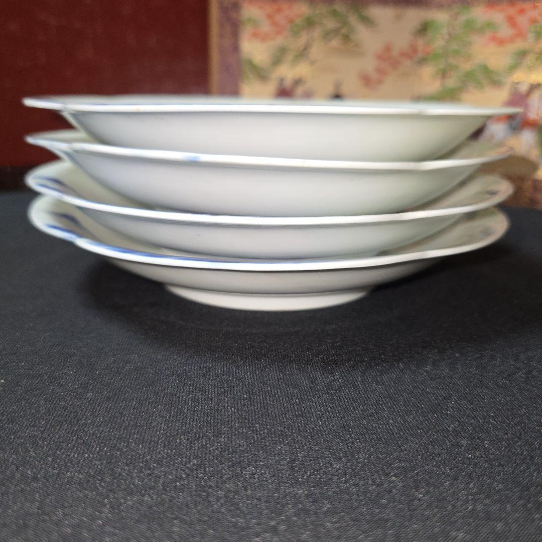 源六焼　富永源六　染付山水文　高台 輪花皿　中皿　18.5cm　4枚　 三つト印