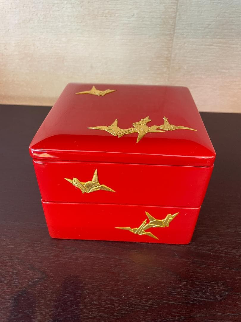 ⭐️超美品⭐️ 琉球漆器 4寸 二段お重箱 折鶴 漆の重ね箱