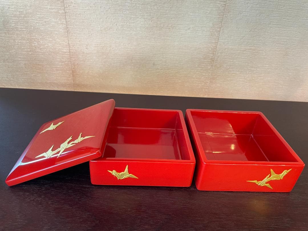 ⭐️超美品⭐️ 琉球漆器 4寸 二段お重箱 折鶴 漆の重ね箱