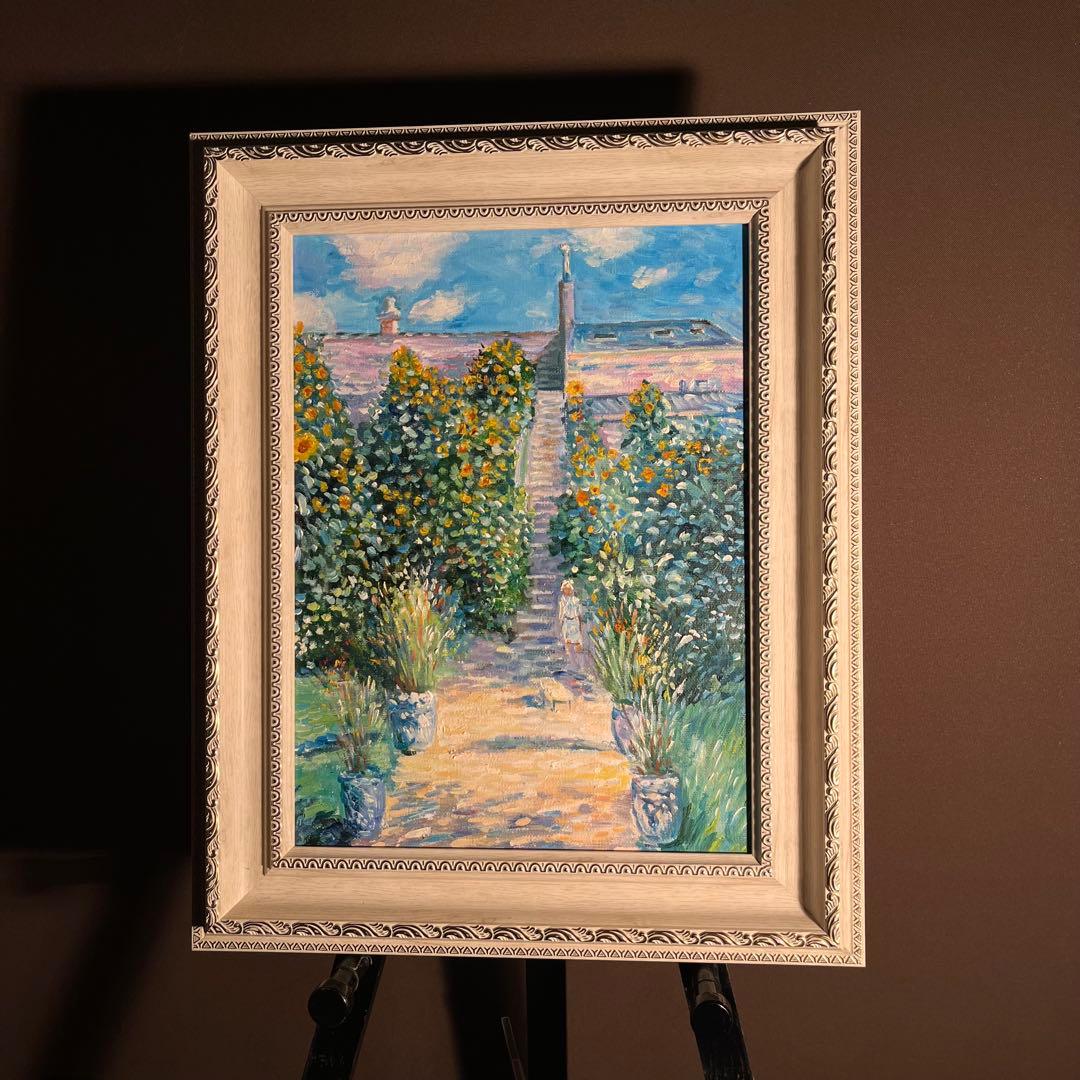 ★秀作★手書き油絵 クロード・モネ ヴェトゥイユの画家の庭 額付 絵画 油彩画