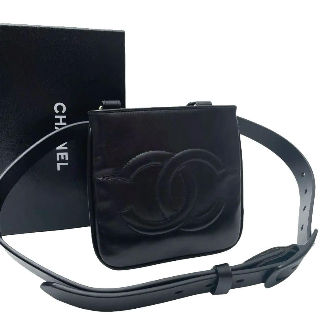 良品 シャネル ラムスキン ココマーク ウエスト ボディ バッグ ブラック