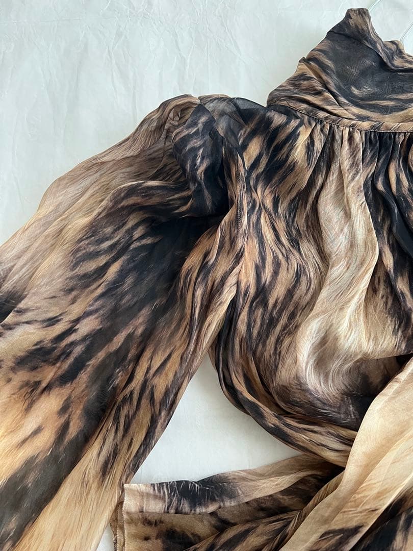 Dolce&Gabbanaシフォンシルクミニドレスパフスリーブアニマル柄パーティ