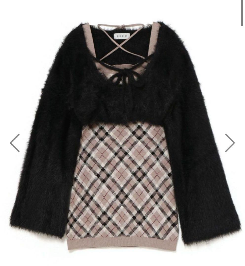 【新品タグ付き】BUBBLES チェックシャギーカーデワンピース ブラウン S