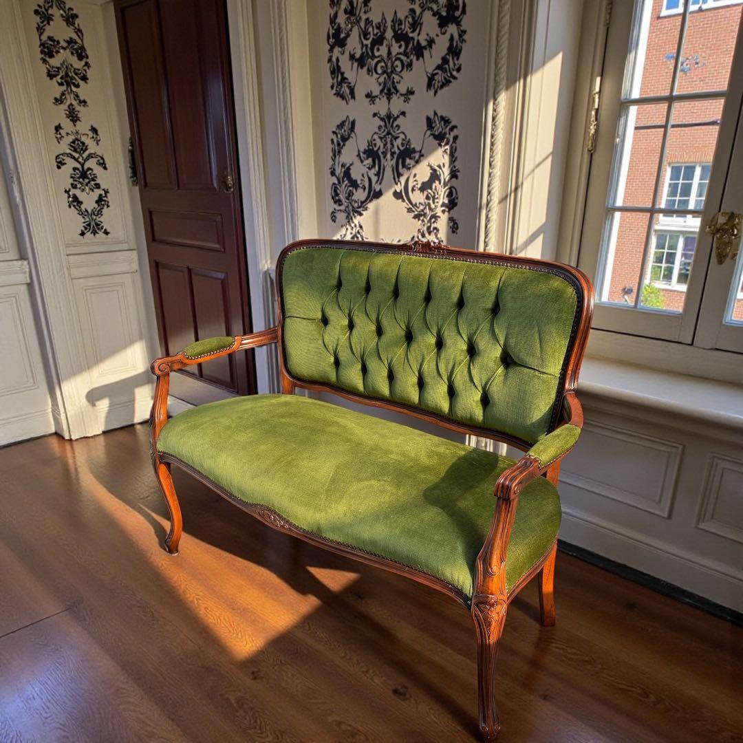 【美品】猫足　アンティークソファ　マホガニー　サロンチェア　グリーン
