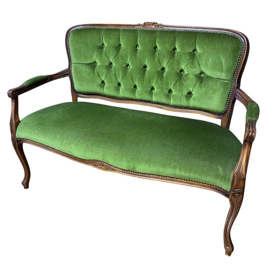 【美品】猫足　アンティークソファ　マホガニー　サロンチェア　グリーン