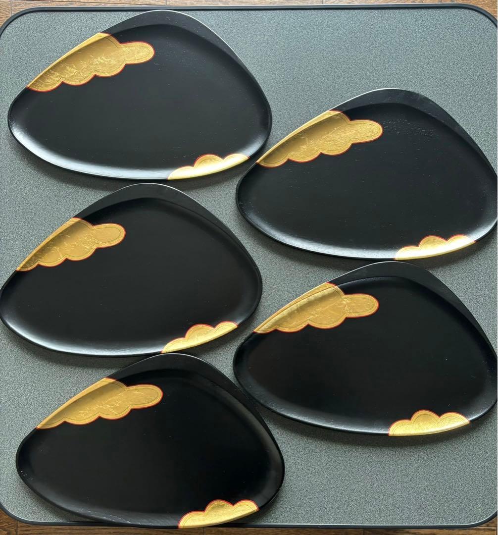 象彦:漆器、源氏雲 蛤形菓子盆 5枚セット、源氏雲シリーズ、本金箔