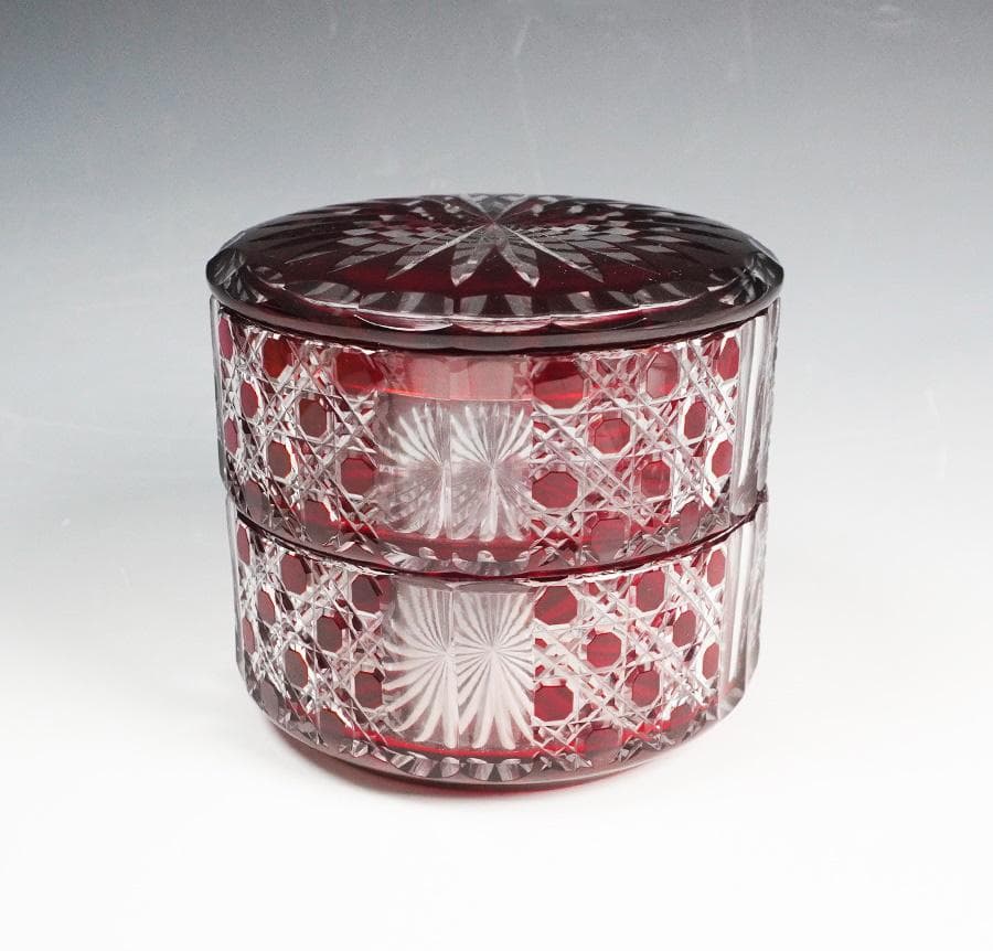 木村泰典 江戸切子 籠目紋ボンボニエール 深緋 切子ガラス 共箱