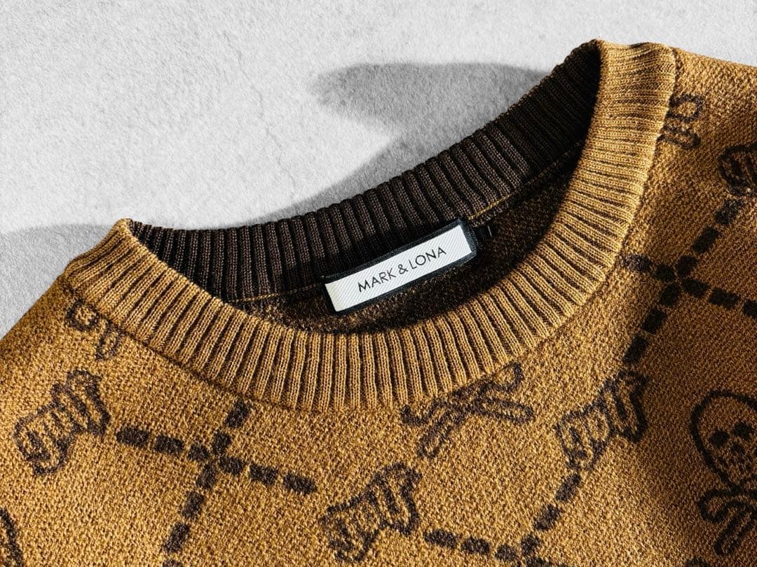 美品 MARK&LONA 縮絨ウール 総柄クルーネックニット 36 日本製