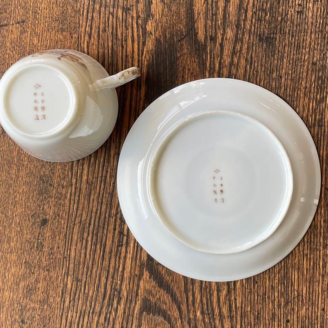 横浜焼 井村製 明治 輸出手 アンティーク カップ＆ソーサー1客  業平東下り図