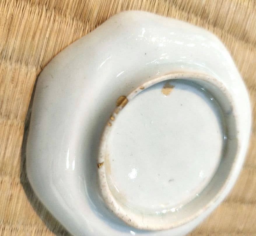 お値下げしました、古伊万里　型紙摺印判　八角豆皿　5枚組　金直し有