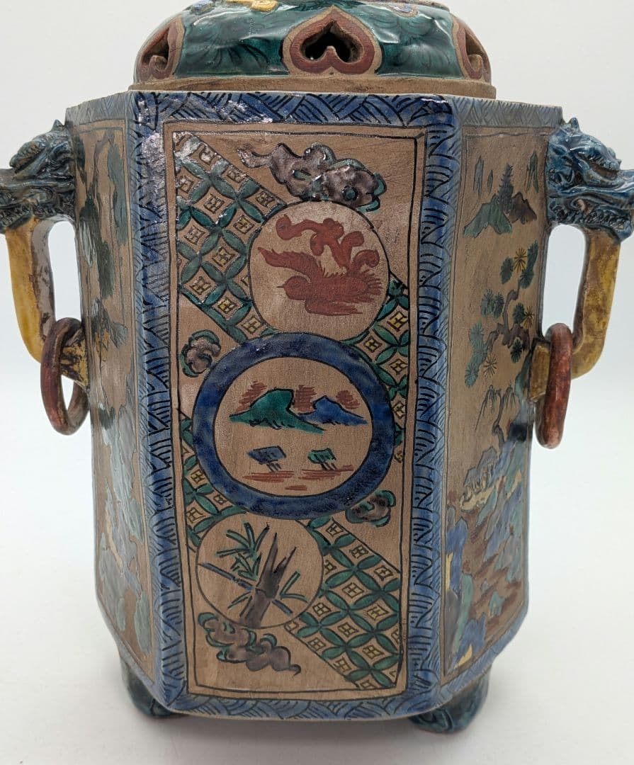 江戸期 古九谷 青手鳳凰摘三足香炉 合箱 角福 九谷焼 色絵窓絵 山水図人物花鳥