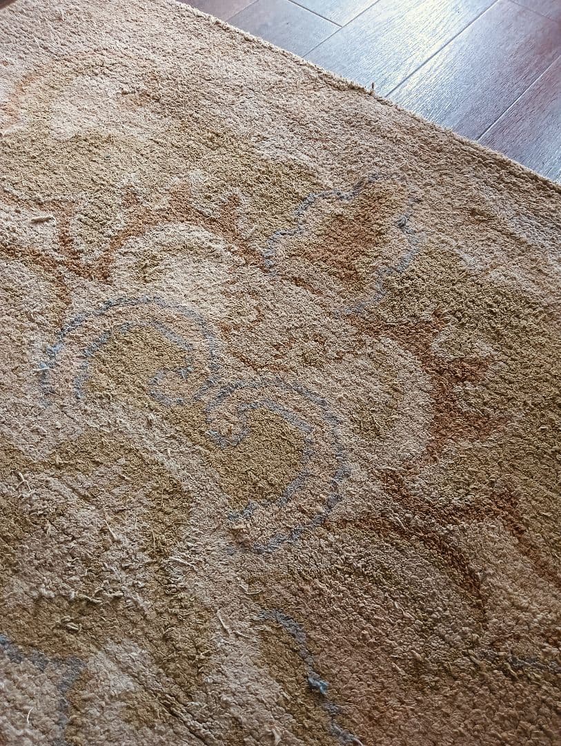 アンティーク緞通　苔色の古びた緞通のラグ　赤穂　堺　鍋島　屋敷　大正ロマン