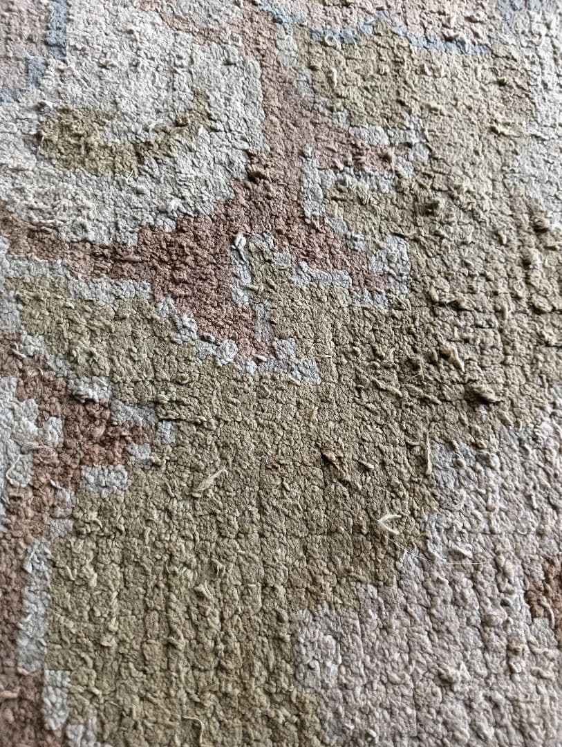 アンティーク緞通　苔色の古びた緞通のラグ　赤穂　堺　鍋島　屋敷　大正ロマン