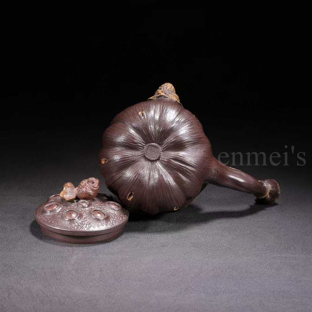 中国古美術・原鉱紫泥荷塘月色紫砂壺・底款：陳鳴遠・紫砂壺・急須・茶壺・茶道・置物